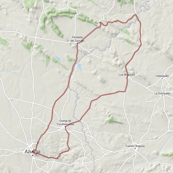 Miniatua del mapa de inspiración ciclista "Ruta de Grava hacia Peraleda del Zaucejo y Los Blázquez" en Extremadura, Spain. Generado por Tarmacs.app planificador de rutas ciclistas