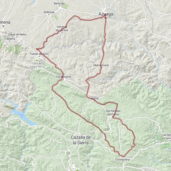 Miniatua del mapa de inspiración ciclista "Desafío Grava en Guadalcanal y Cabezo Gordo" en Extremadura, Spain. Generado por Tarmacs.app planificador de rutas ciclistas