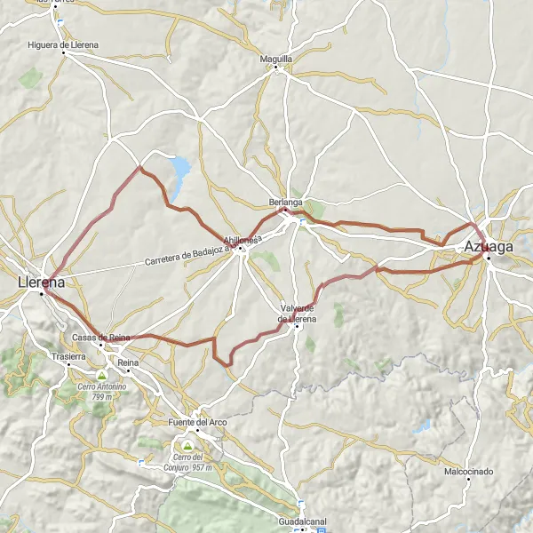 Miniatua del mapa de inspiración ciclista "Ruta de Ciclismo de Gravel desde Azuaga" en Extremadura, Spain. Generado por Tarmacs.app planificador de rutas ciclistas