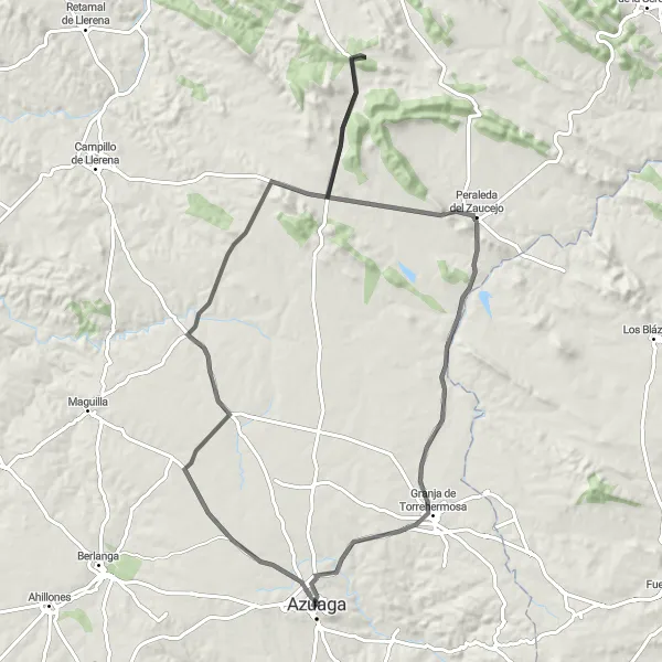 Miniatua del mapa de inspiración ciclista "Ruta en Bicicleta por Carretera a Granja de Torrehermosa" en Extremadura, Spain. Generado por Tarmacs.app planificador de rutas ciclistas