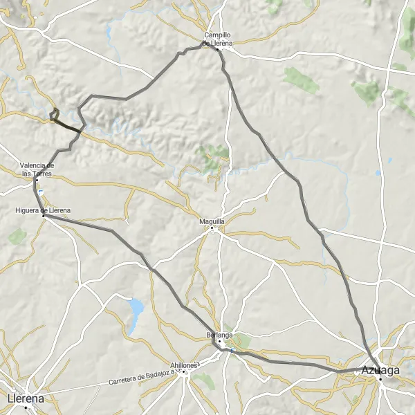 Miniaturekort af cykelinspirationen "Cycling Route from Azuaga to Berlanga and Campillo de Llerena" i Extremadura, Spain. Genereret af Tarmacs.app cykelruteplanlægger