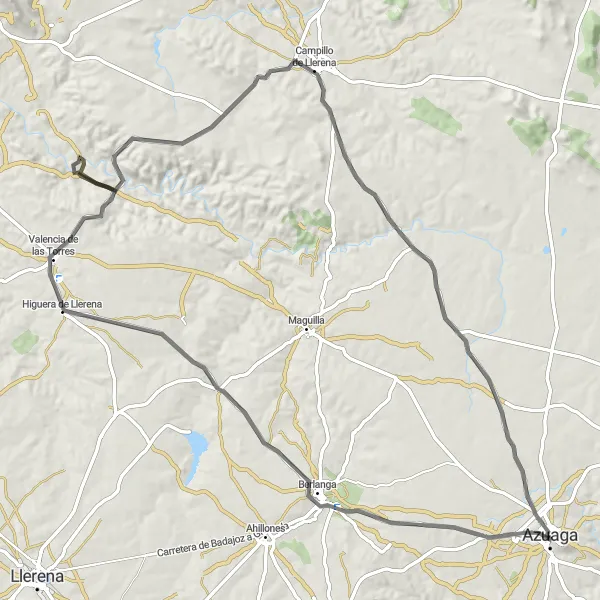 Miniatuurkaart van de fietsinspiratie "Uitdagende rit van Azuaga naar Campillo de Llerena" in Extremadura, Spain. Gemaakt door de Tarmacs.app fietsrouteplanner