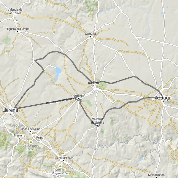 Miniatua del mapa de inspiración ciclista "Ruta de Ciclismo de Carretera desde Azuaga" en Extremadura, Spain. Generado por Tarmacs.app planificador de rutas ciclistas