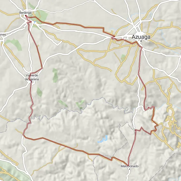 Miniatua del mapa de inspiración ciclista "Ruta de gravel a Valverde de Llerena" en Extremadura, Spain. Generado por Tarmacs.app planificador de rutas ciclistas