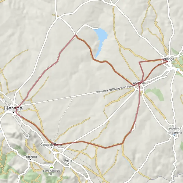 Miniatua del mapa de inspiración ciclista "Ruta de gravel a Llerena y Berlanga" en Extremadura, Spain. Generado por Tarmacs.app planificador de rutas ciclistas