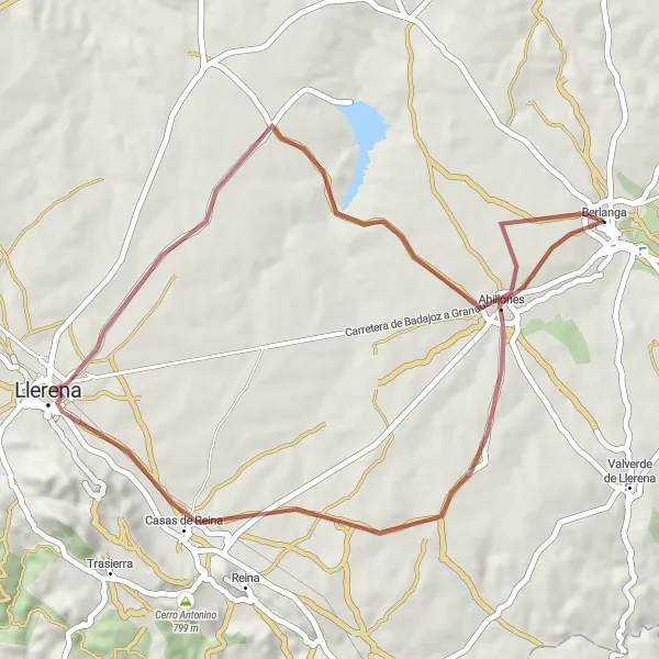 Map miniature of "Gravel Ride to Remote Villages" cycling inspiration in Extremadura, Spain. Generated by Tarmacs.app cycling route planner