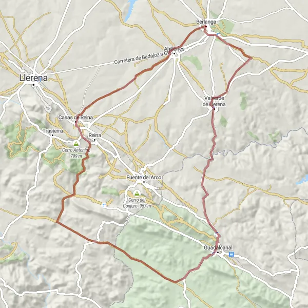 Miniatua del mapa de inspiración ciclista "Aventura en bicicleta por Valverde de Llerena y más" en Extremadura, Spain. Generado por Tarmacs.app planificador de rutas ciclistas