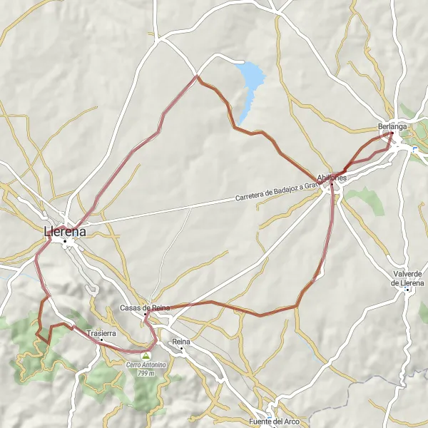 Miniatua del mapa de inspiración ciclista "Ruta de Grava por Berlanga y Llerena" en Extremadura, Spain. Generado por Tarmacs.app planificador de rutas ciclistas