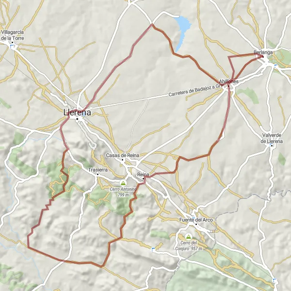 Miniatuurkaart van de fietsinspiratie "Gravel route vanuit Berlanga naar Llerena" in Extremadura, Spain. Gemaakt door de Tarmacs.app fietsrouteplanner