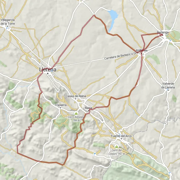 Map miniature of "Discover the Gravel Paths" cycling inspiration in Extremadura, Spain. Generated by Tarmacs.app cycling route planner