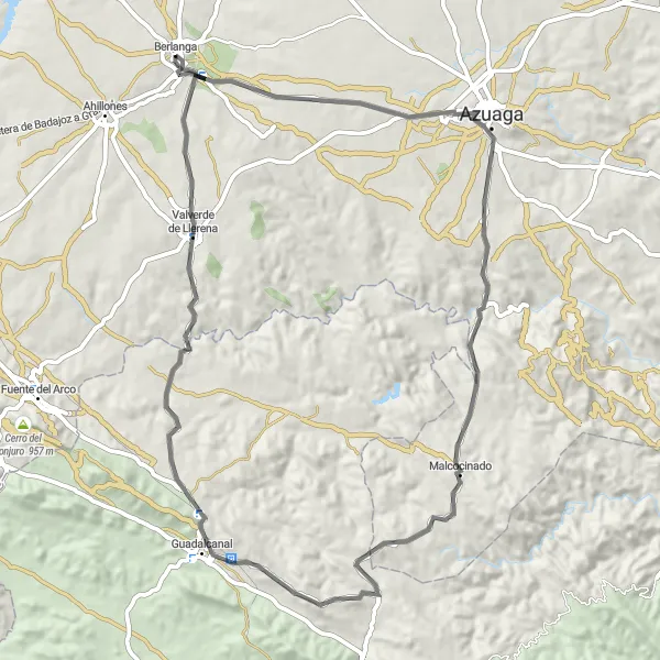 Miniatua del mapa de inspiración ciclista "Ruta de Berlanga a Valverde de Llerena y más allá" en Extremadura, Spain. Generado por Tarmacs.app planificador de rutas ciclistas