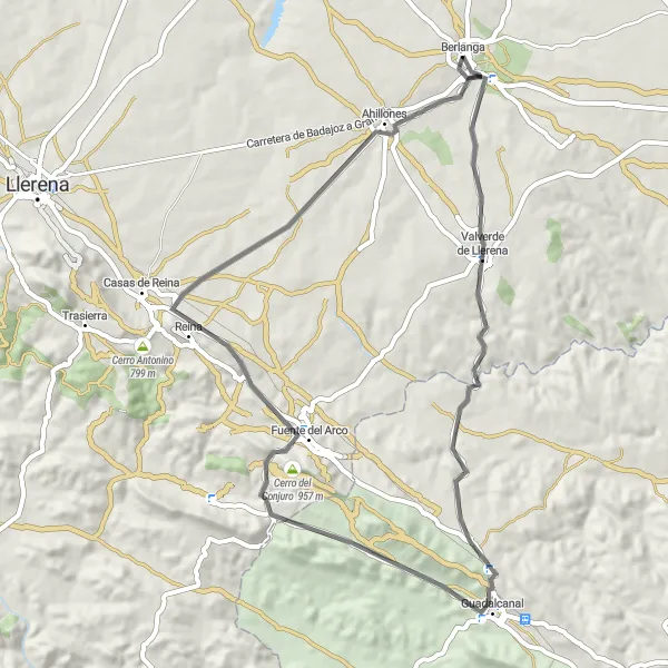 Miniatura mapy "Trasa Berlanga-Valverde de Llerena-Guadalcanal-Cerro de Cruces-Reina-Ahillones" - trasy rowerowej w Extremadura, Spain. Wygenerowane przez planer tras rowerowych Tarmacs.app