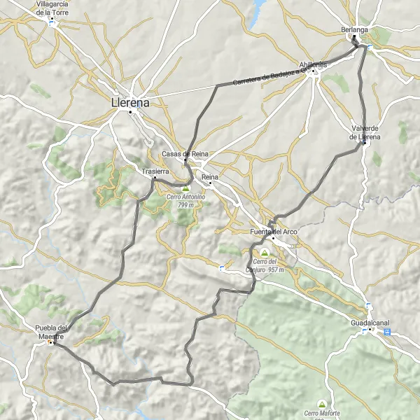 Miniatuurkaart van de fietsinspiratie "Wegroute vanuit Berlanga" in Extremadura, Spain. Gemaakt door de Tarmacs.app fietsrouteplanner