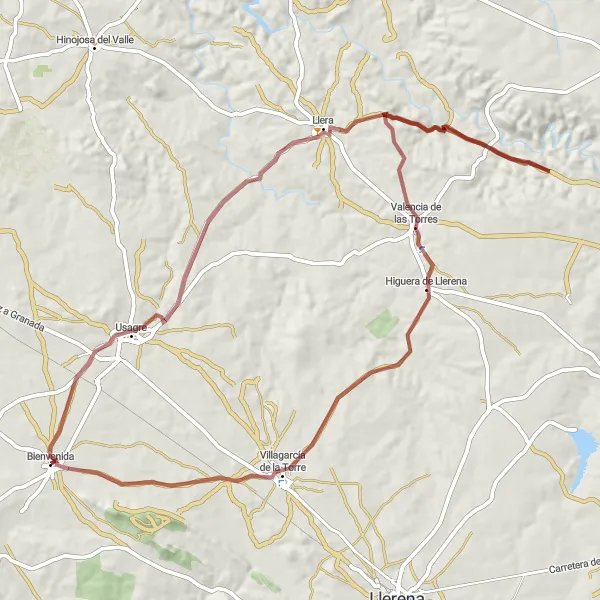 Miniatura mapy "Trasa Gravelowa od Bienvenida do Higuera de Llerena i Usagre" - trasy rowerowej w Extremadura, Spain. Wygenerowane przez planer tras rowerowych Tarmacs.app