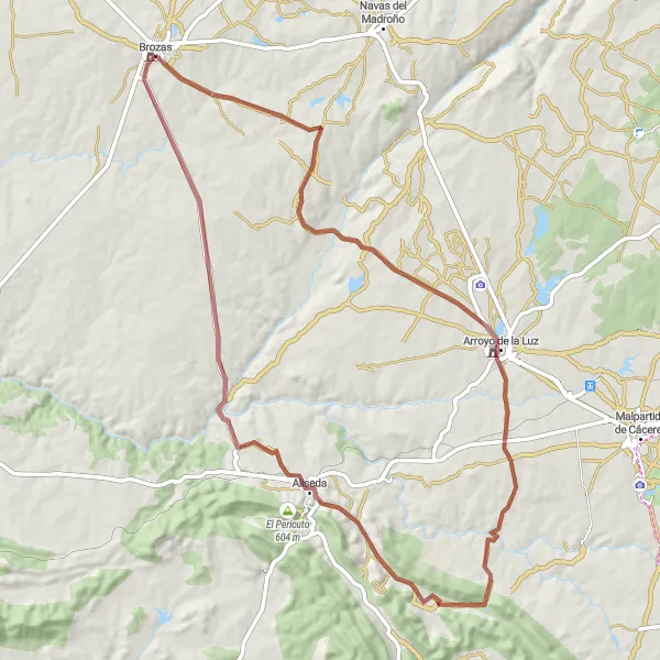Miniatua del mapa de inspiración ciclista "Camino de Grava Las Tres Colinas" en Extremadura, Spain. Generado por Tarmacs.app planificador de rutas ciclistas