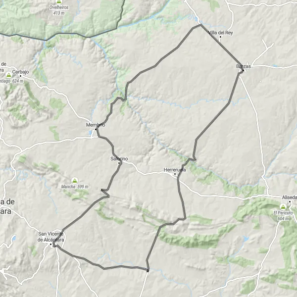 Map miniature of "Circular Road Cycling Route from Brozas to Herreruela" cycling inspiration in Extremadura, Spain. Generated by Tarmacs.app cycling route planner