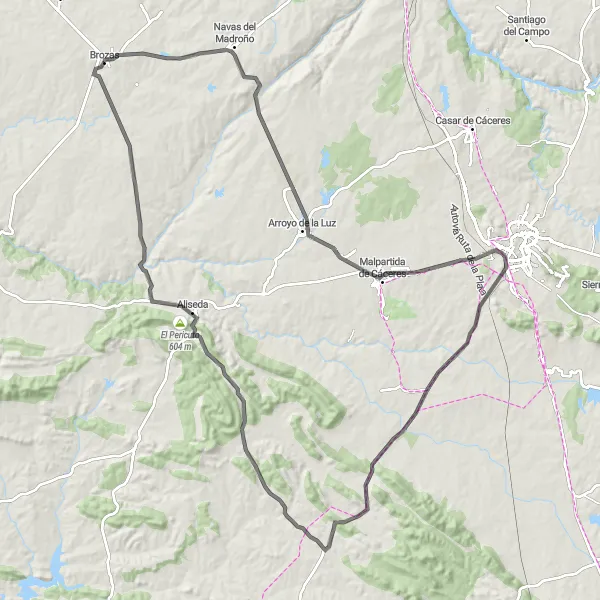Miniatua del mapa de inspiración ciclista "Ruta de los Valles y Montañas" en Extremadura, Spain. Generado por Tarmacs.app planificador de rutas ciclistas