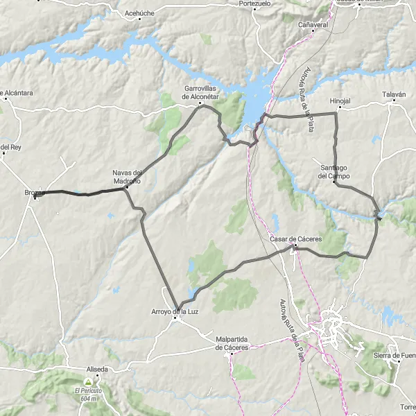 Miniatura mapy "Trasa szosowa z Brozas" - trasy rowerowej w Extremadura, Spain. Wygenerowane przez planer tras rowerowych Tarmacs.app