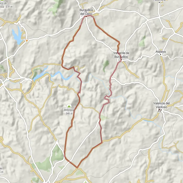 Miniatua del mapa de inspiración ciclista "Ruta en bicicleta de gravel alrededor de Burguillos del Cerro" en Extremadura, Spain. Generado por Tarmacs.app planificador de rutas ciclistas