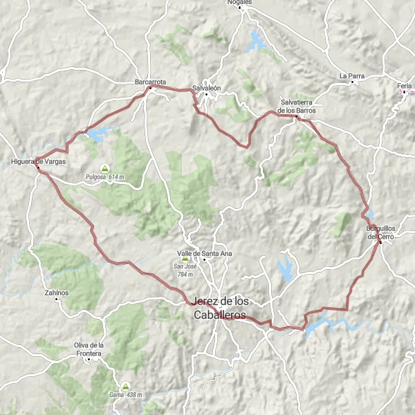 Miniatua del mapa de inspiración ciclista "Ruta en bicicleta de gravel desde Burguillos del Cerro" en Extremadura, Spain. Generado por Tarmacs.app planificador de rutas ciclistas