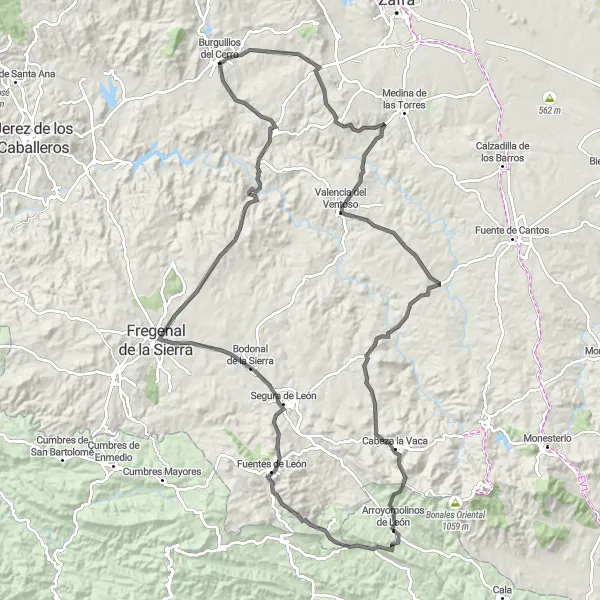 Miniatua del mapa de inspiración ciclista "Ruta en bicicleta de larga distancia desde Burguillos del Cerro hasta Cabeza la Vaca" en Extremadura, Spain. Generado por Tarmacs.app planificador de rutas ciclistas