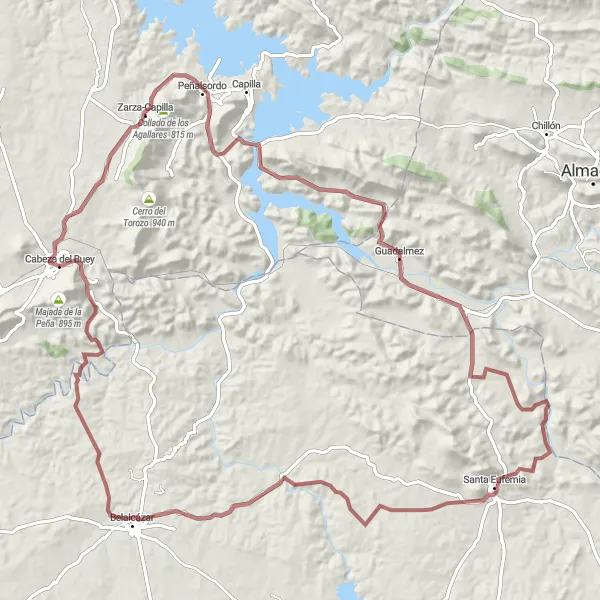 Map miniature of "Off the Beaten Path" cycling inspiration in Extremadura, Spain. Generated by Tarmacs.app cycling route planner