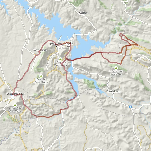Miniatua del mapa de inspiración ciclista "Ruta en bicicleta de grava desde Cabeza del Buey" en Extremadura, Spain. Generado por Tarmacs.app planificador de rutas ciclistas