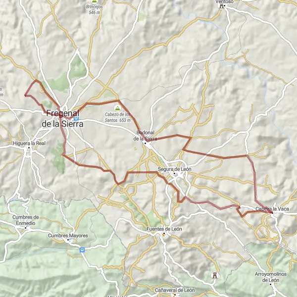 Map miniature of "Magical Landscapes of Fregenal de la Sierra" cycling inspiration in Extremadura, Spain. Generated by Tarmacs.app cycling route planner