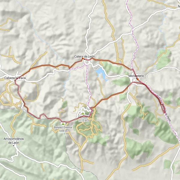 Map miniature of "Cabeza la Vaca Gravel Route" cycling inspiration in Extremadura, Spain. Generated by Tarmacs.app cycling route planner