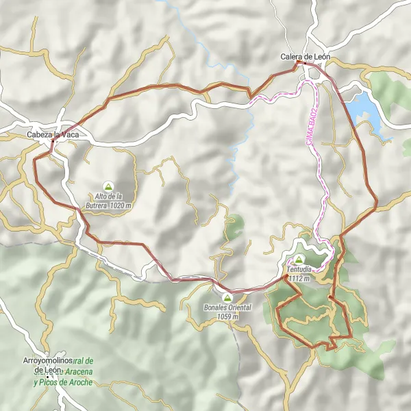 Miniatura mapy "Wycieczka do Tentudía" - trasy rowerowej w Extremadura, Spain. Wygenerowane przez planer tras rowerowych Tarmacs.app