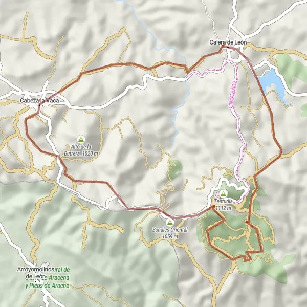 Miniatuurkaart van de fietsinspiratie "Gravelroute van Cabeza la Vaca naar Calera de León" in Extremadura, Spain. Gemaakt door de Tarmacs.app fietsrouteplanner