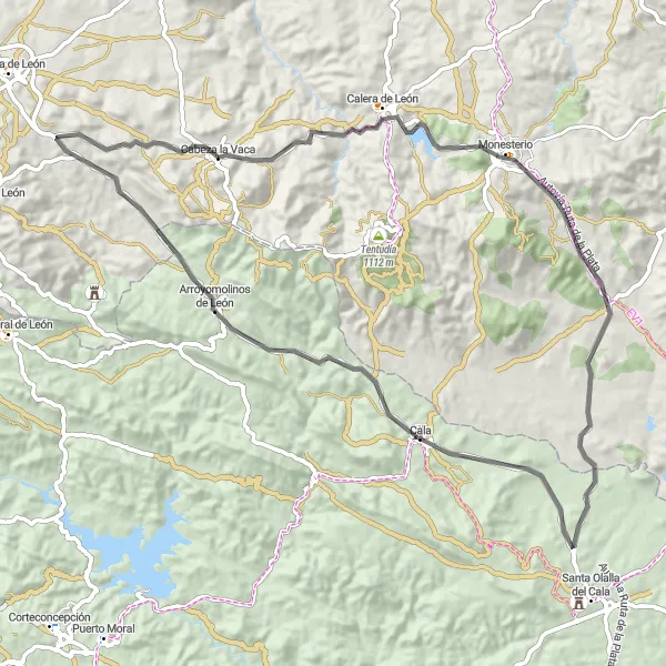 Miniatuurkaart van de fietsinspiratie "Historische route richting Arroyomolinos de León" in Extremadura, Spain. Gemaakt door de Tarmacs.app fietsrouteplanner