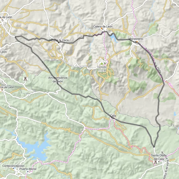 Map miniature of "Cabeza la Vaca Road Route" cycling inspiration in Extremadura, Spain. Generated by Tarmacs.app cycling route planner