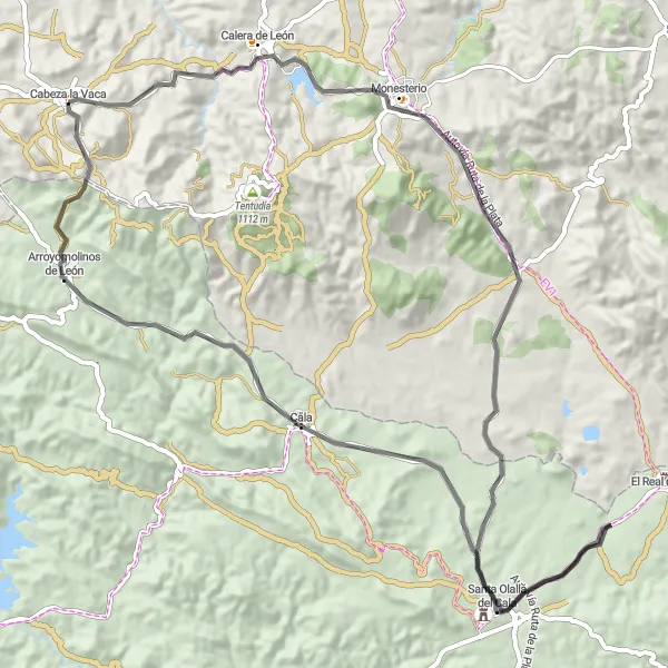 Miniatua del mapa de inspiración ciclista "Ruta de la Sierra y Monesterio" en Extremadura, Spain. Generado por Tarmacs.app planificador de rutas ciclistas