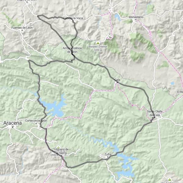 Miniatua del mapa de inspiración ciclista "Desafío Sierra de Huelva" en Extremadura, Spain. Generado por Tarmacs.app planificador de rutas ciclistas