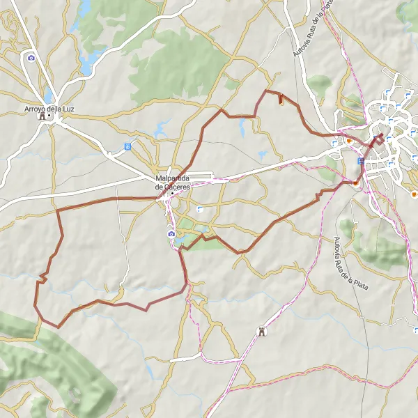Miniatua del mapa de inspiración ciclista "Ruta de Casa de los Ovando-Saavedra y Mirador de San Marquino" en Extremadura, Spain. Generado por Tarmacs.app planificador de rutas ciclistas