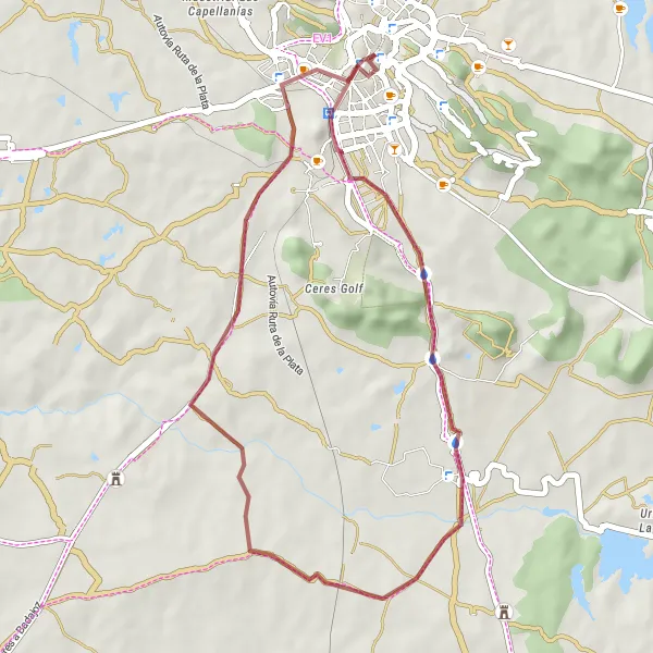 Miniatuurkaart van de fietsinspiratie "Gravelfietstocht naar Mirador de San Marquino" in Extremadura, Spain. Gemaakt door de Tarmacs.app fietsrouteplanner