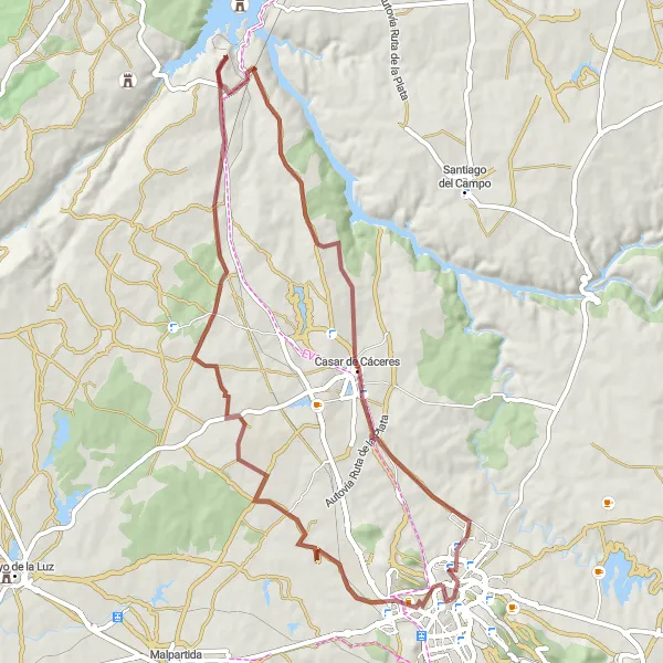 Map miniature of "Gravel Route - History and Nature near Cáceres" cycling inspiration in Extremadura, Spain. Generated by Tarmacs.app cycling route planner