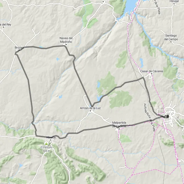 Miniatua del mapa de inspiración ciclista "Ruta de Malpartida de Cáceres y Arroyo de la Luz" en Extremadura, Spain. Generado por Tarmacs.app planificador de rutas ciclistas
