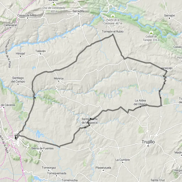 Miniatua del mapa de inspiración ciclista "Ruta en bicicleta de carretera desde Cáceres" en Extremadura, Spain. Generado por Tarmacs.app planificador de rutas ciclistas