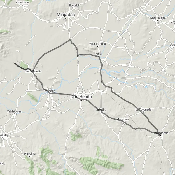 Miniatua del mapa de inspiración ciclista "Ruta en carretera hasta La Coronada" en Extremadura, Spain. Generado por Tarmacs.app planificador de rutas ciclistas