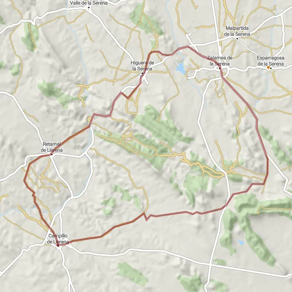 Miniatua del mapa de inspiración ciclista "Ruta de Ciclismo de Grava a través de Retamal de Llerena y Zalamea de la Serena" en Extremadura, Spain. Generado por Tarmacs.app planificador de rutas ciclistas