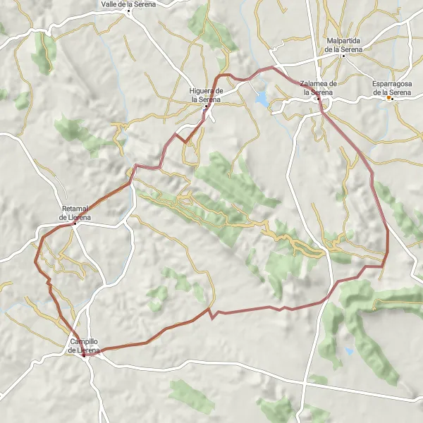 Miniatuurkaart van de fietsinspiratie "Avontuurlijke Gravelroute van Campillo de Llerena" in Extremadura, Spain. Gemaakt door de Tarmacs.app fietsrouteplanner