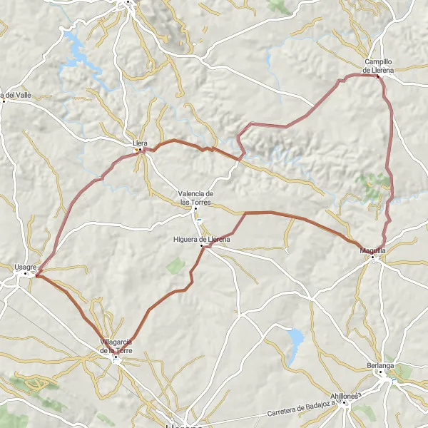 Map miniature of "Extended Gravel Route from Campillo de Llerena" cycling inspiration in Extremadura, Spain. Generated by Tarmacs.app cycling route planner