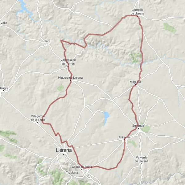 Miniatua del mapa de inspiración ciclista "Ruta de Maguilla a Valencia de las Torres por grava" en Extremadura, Spain. Generado por Tarmacs.app planificador de rutas ciclistas