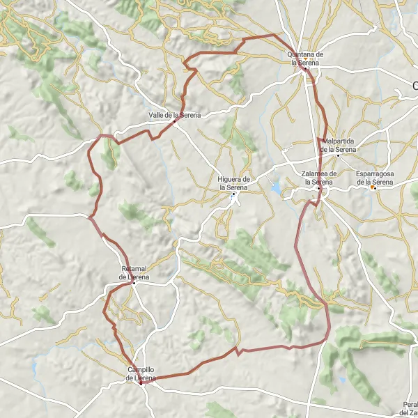 Miniatuurkaart van de fietsinspiratie "Spectaculaire Rondrit van Retamal de Llerena naar Zalamea de la Serena" in Extremadura, Spain. Gemaakt door de Tarmacs.app fietsrouteplanner