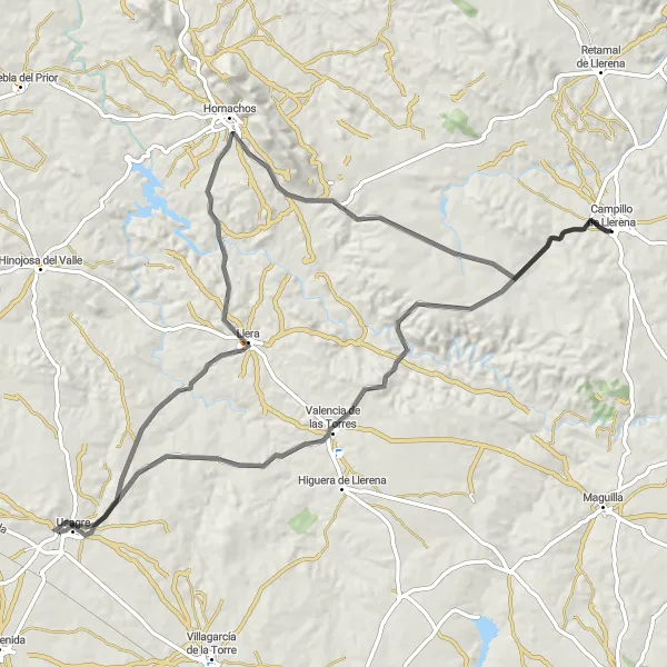 Miniatua del mapa de inspiración ciclista "Ruta de Campillo a Hornachos por carretera" en Extremadura, Spain. Generado por Tarmacs.app planificador de rutas ciclistas