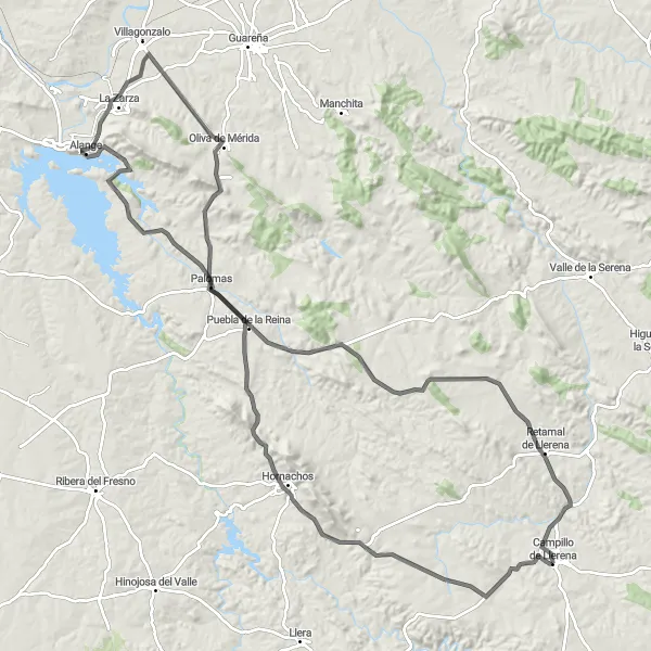 Miniatua del mapa de inspiración ciclista "Ruta de Ciclismo de Carretera a través de Hornachos y Oliva de Mérida" en Extremadura, Spain. Generado por Tarmacs.app planificador de rutas ciclistas