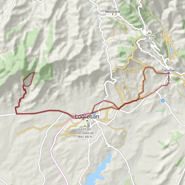 Miniatuurkaart van de fietsinspiratie "Avontuurlijke gravelroute naar Pico Fuente del Moro" in Extremadura, Spain. Gemaakt door de Tarmacs.app fietsrouteplanner