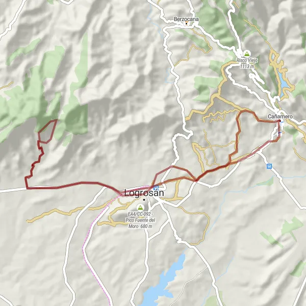 Map miniature of "Gravel Adventure in Cañamero" cycling inspiration in Extremadura, Spain. Generated by Tarmacs.app cycling route planner